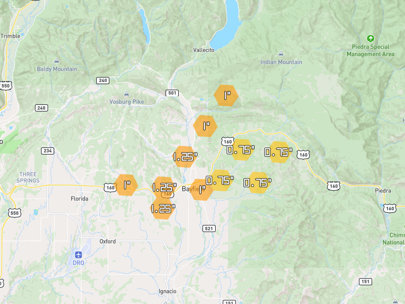 Hail map of Bayfield, CO on Jun 26, 2026, hail up to 1.25"