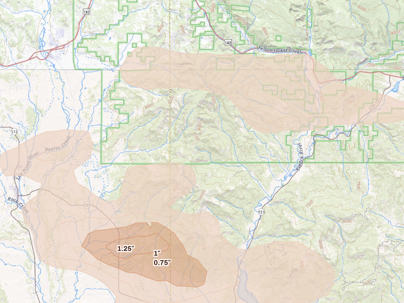 Radar-estimated hail-size map of the storm over Bayfield, CO
