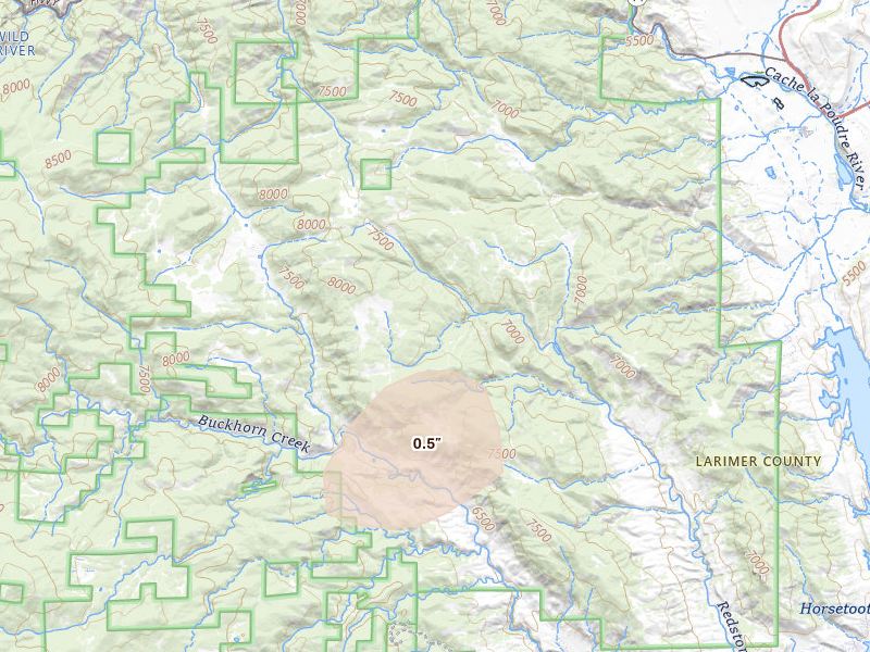 Radar-estimated hail-size map of the storm over Bellvue, CO on Jun 1, 2026