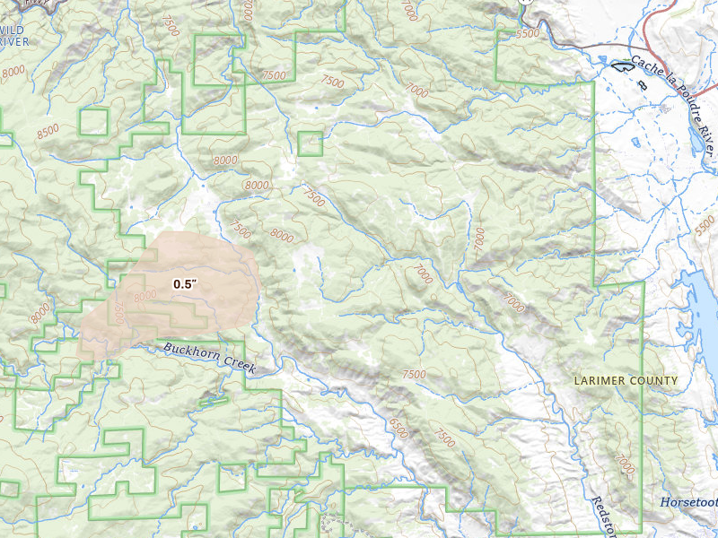 Radar-estimated hail-size map of the storm over Bellvue, CO on Jul 3, 2026