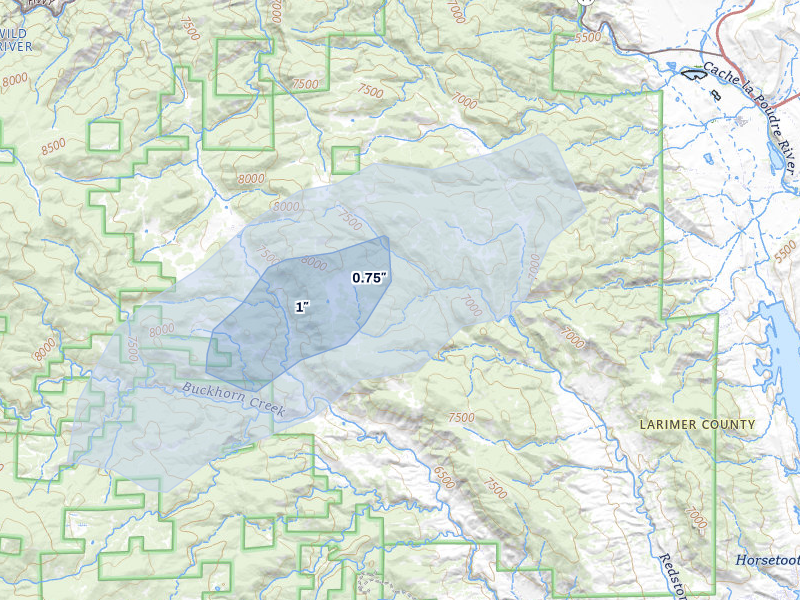 NEXRAD radar-signature map of the hail storm over Bellvue, CO on Jul 3, 2026