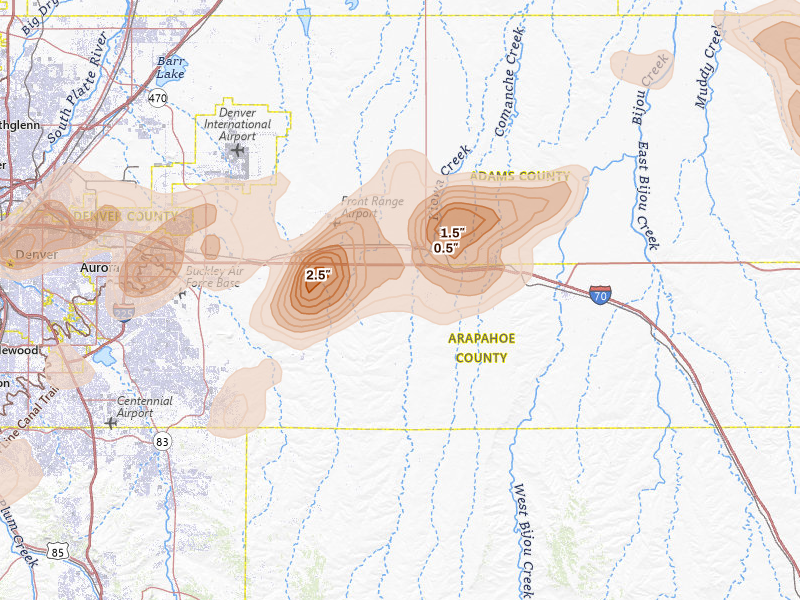 Radar-estimated hail-size map of the storm over Bennett, CO on Jun 1, 2026