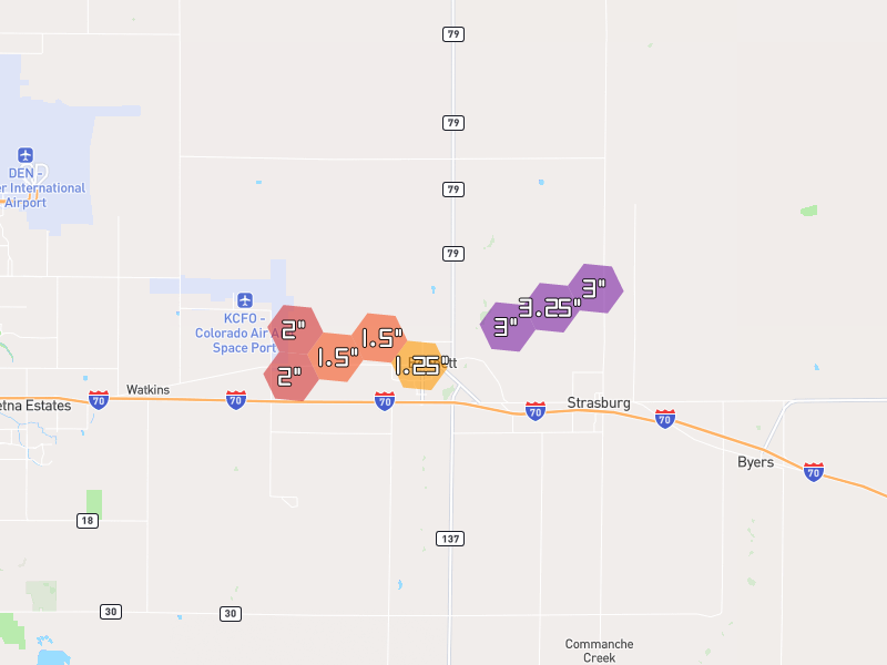 Hail map of Bennett, CO on Jun 1, 2026, hail up to 3.25"