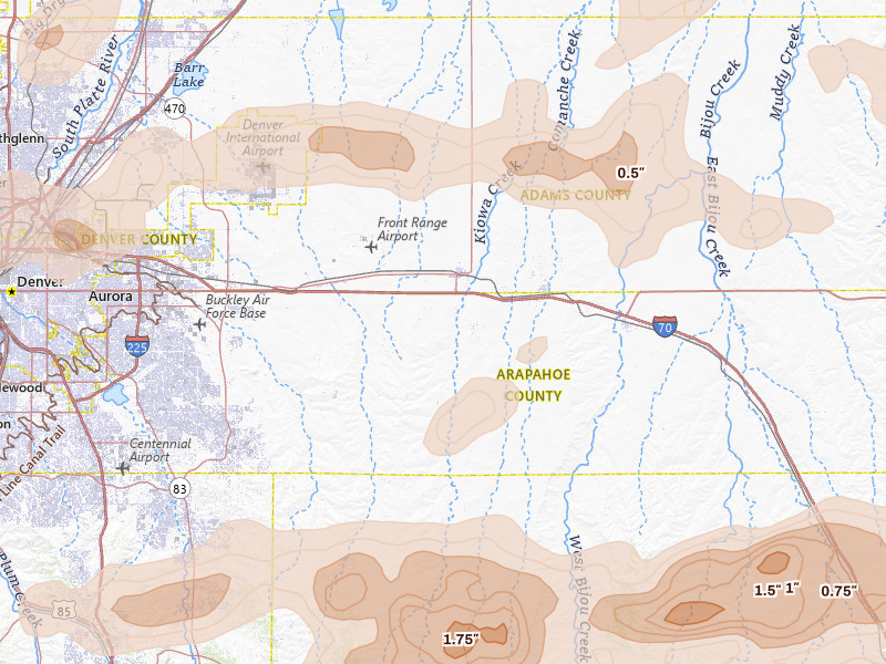 Radar-estimated hail-size map of the storm over Bennett, CO on Jun 8, 2026