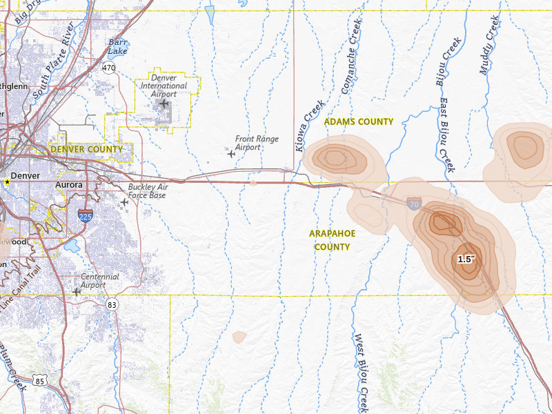 Radar-estimated hail-size map of the storm over Bennett, CO on Jun 24, 2026