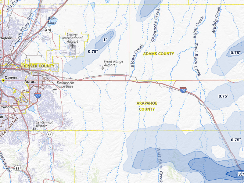 NEXRAD radar-signature map of the hail storm over Bennett, CO on Jul 3, 2026