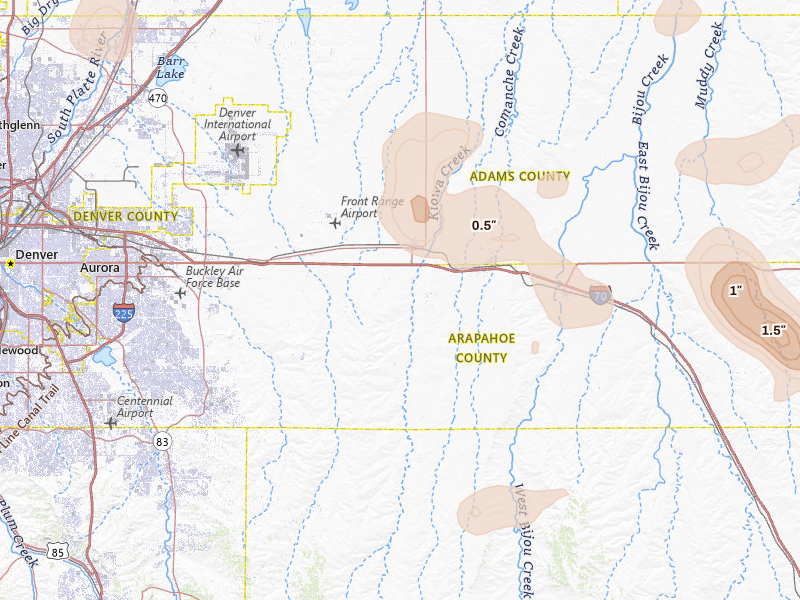 Radar-estimated hail-size map of the storm over Bennett, CO on Jul 8, 2026