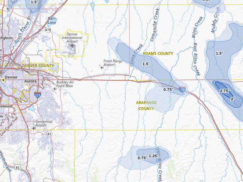 NEXRAD radar-signature map of the hail storm over Bennett, CO on Jul 8, 2026