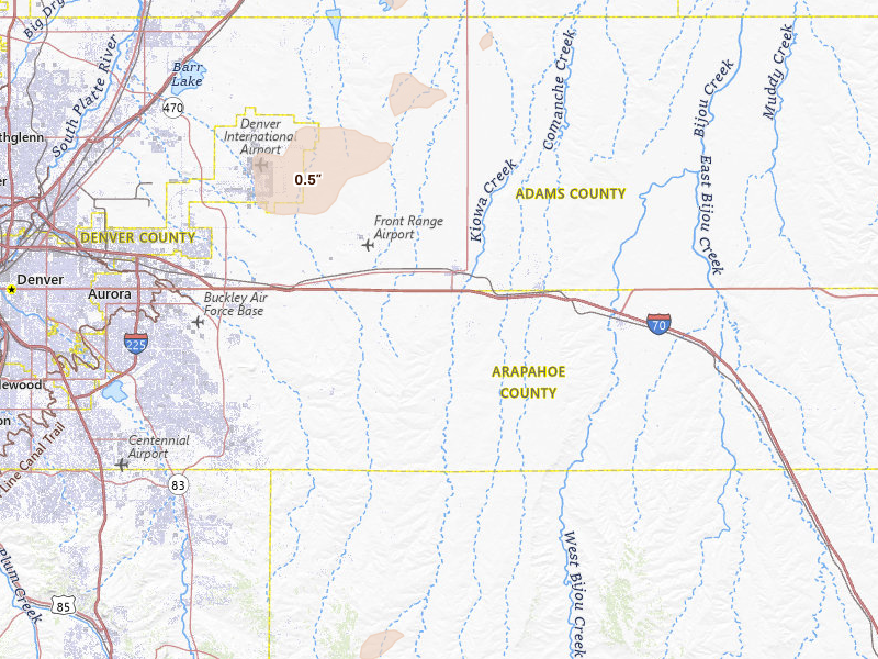 Radar-estimated hail-size map of the storm over Bennett, CO on Jul 10, 2026