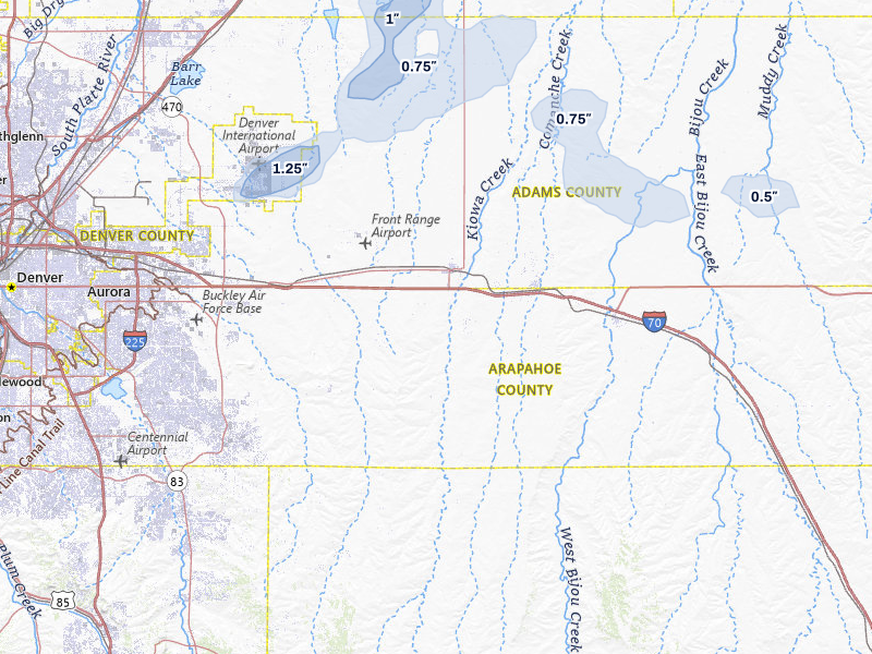 NEXRAD radar-signature map of the hail storm over Bennett, CO on Jul 10, 2026