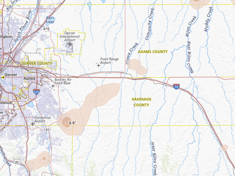 Radar-estimated hail-size map of the storm over Bennett, CO on Jul 28, 2026