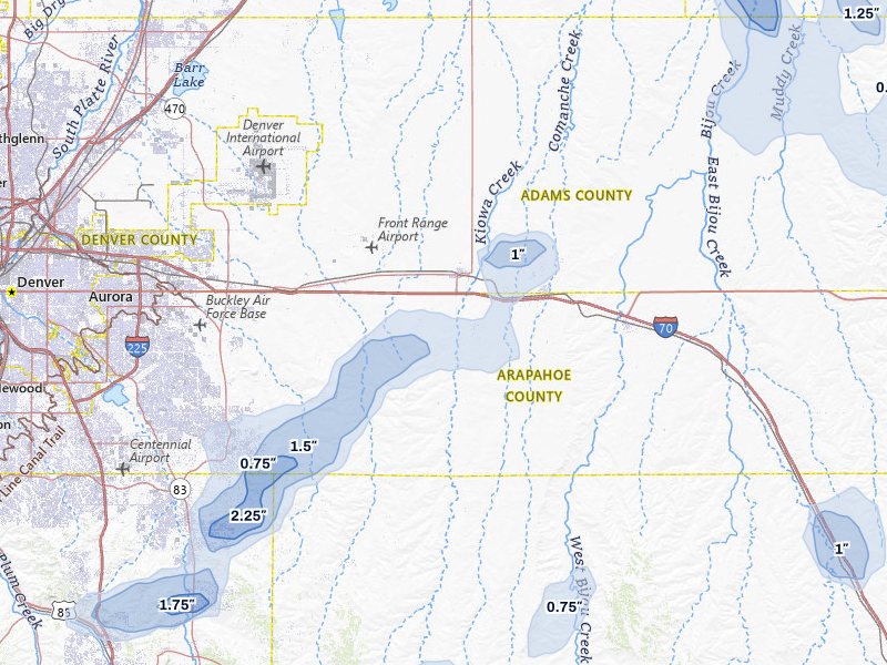 NEXRAD radar-signature map of the hail storm over Bennett, CO on Jul 28, 2026