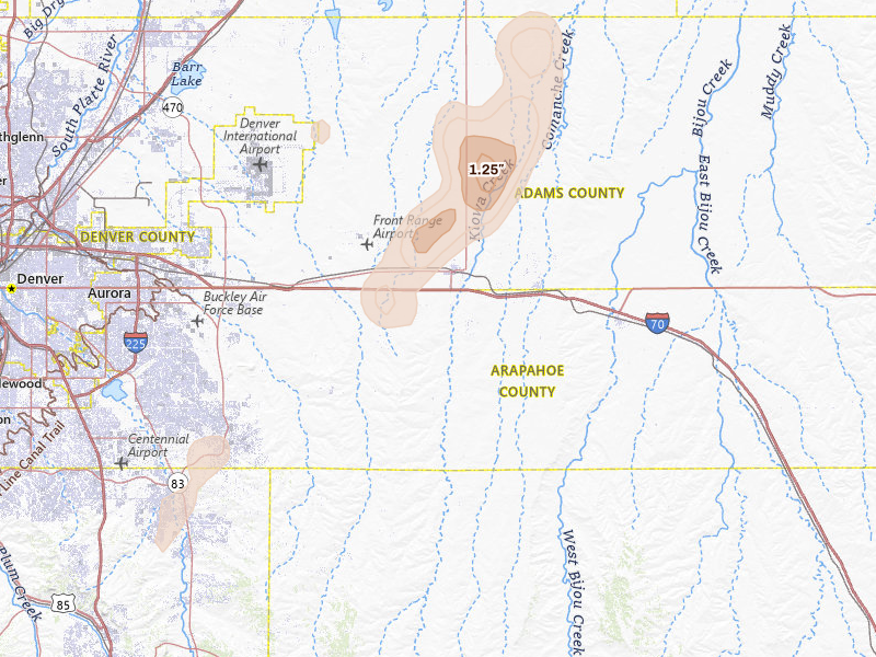 Radar-estimated hail-size map of the storm over Bennett, CO on Jul 29, 2026