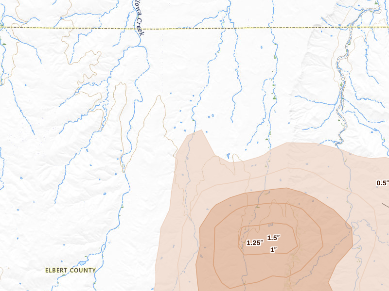Radar-estimated hail-size map of the storm over Bennett, CO on Aug 14, 2026