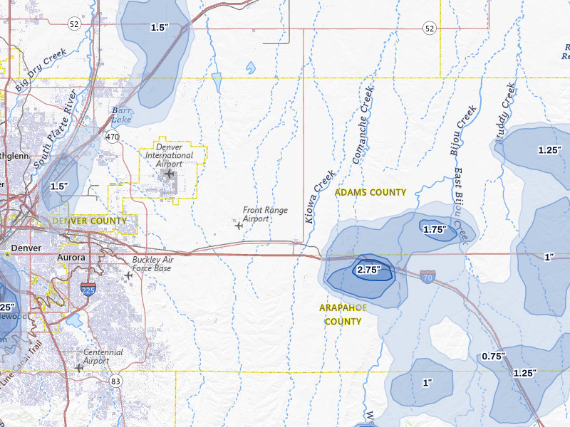 NEXRAD radar-signature map of the hail storm over Bennett, CO on Aug 14, 2026