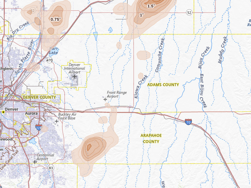 Radar-estimated hail-size map of the storm over Bennett, CO on Aug 22, 2026