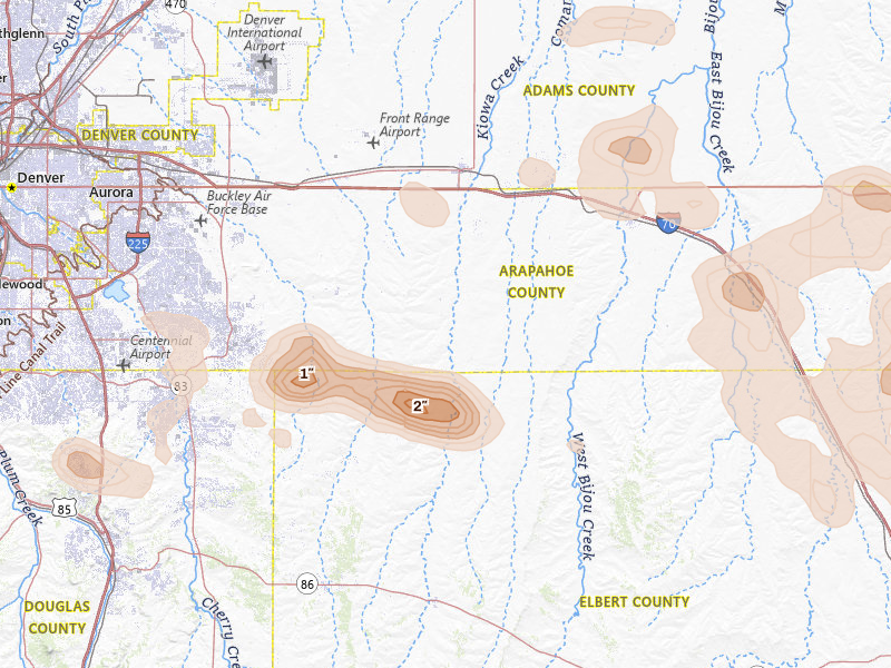 Radar-estimated hail-size map of the storm over Bennett, CO on Aug 26, 2026