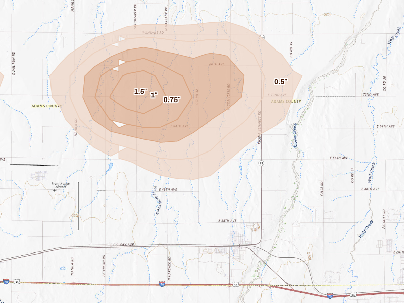 Radar-estimated hail-size map of the storm over Bennett, CO