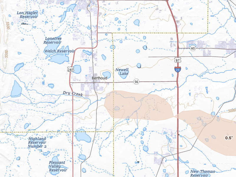 Radar-estimated hail-size map of the storm over Berthoud, CO on Jun 23, 2026