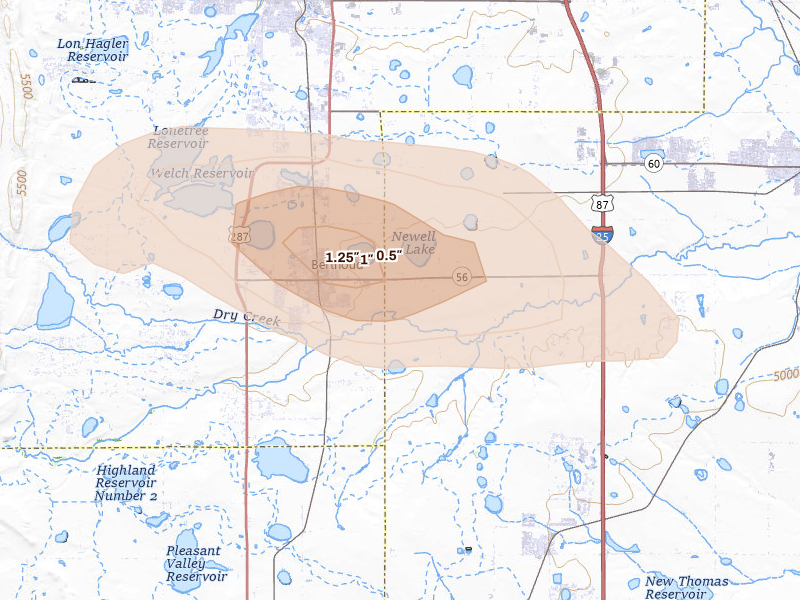 Radar-estimated hail-size map of the storm over Berthoud, CO on Jun 24, 2026