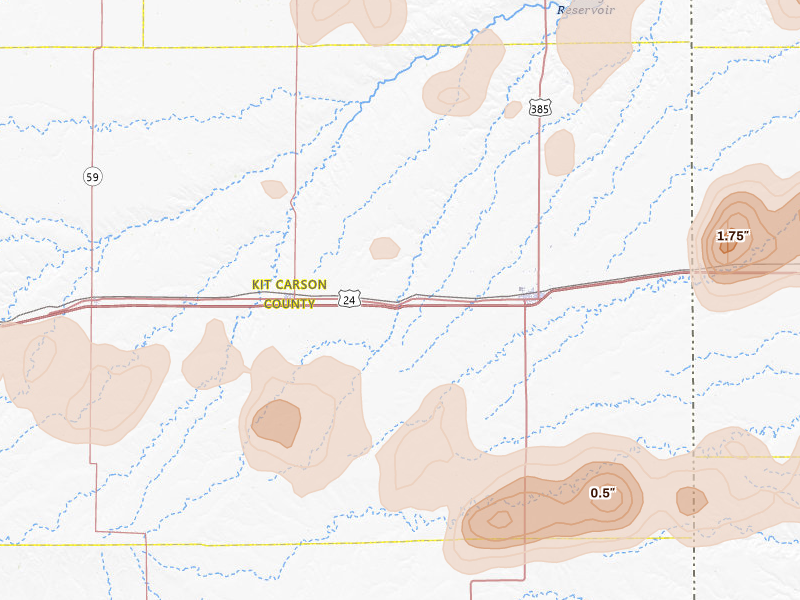 Radar-estimated hail-size map of the storm over Bethune, CO on May 16, 2026