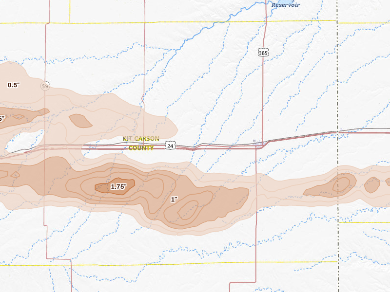 Radar-estimated hail-size map of the storm over Bethune, CO on May 17, 2026