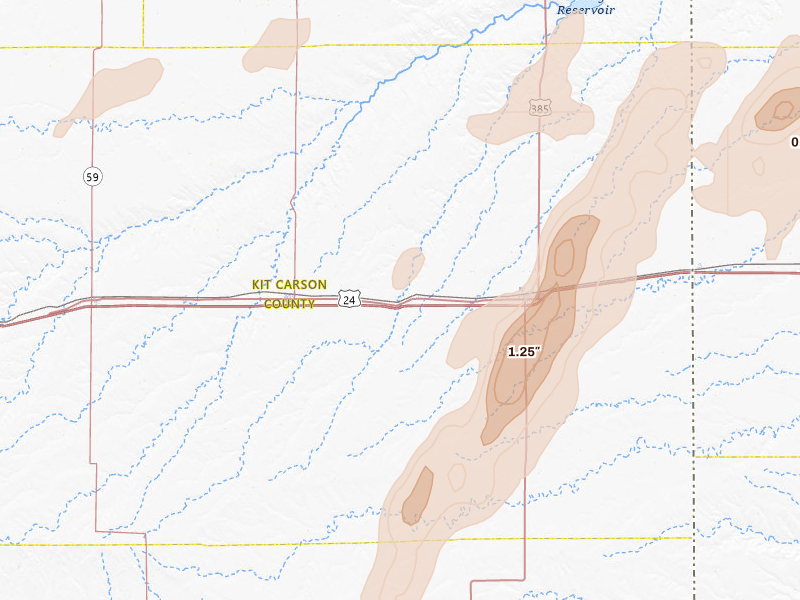 Radar-estimated hail-size map of the storm over Bethune, CO on Jun 1, 2026