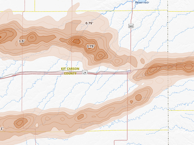 Radar-estimated hail-size map of the storm over Bethune, CO on Jun 8, 2026