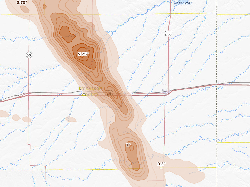 Radar-estimated hail-size map of the storm over Bethune, CO on Jun 22, 2026