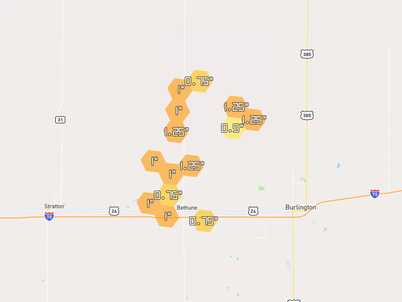 Hail map of Bethune, CO on Jul 1, 2026, hail up to 1.25"