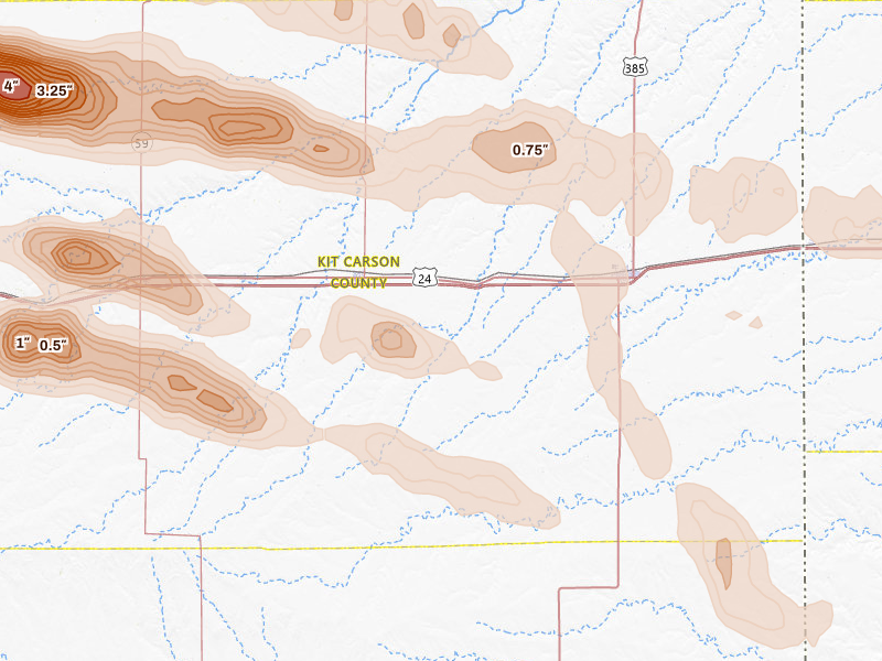 Radar-estimated hail-size map of the storm over Bethune, CO on Aug 19, 2026