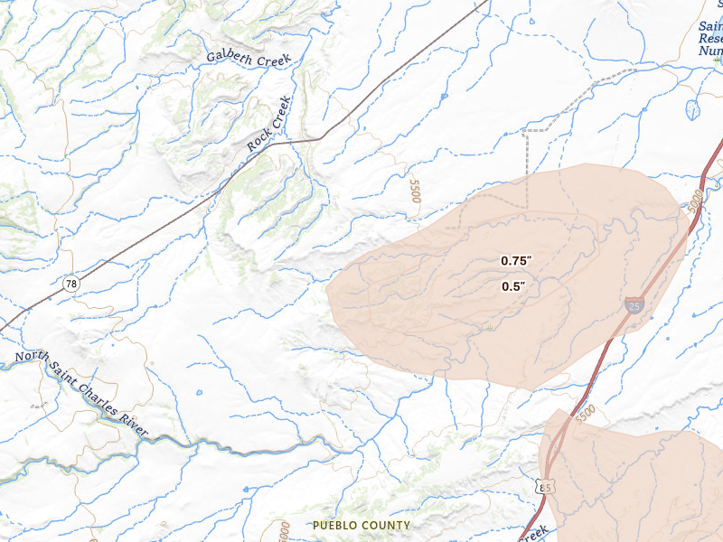 Radar-estimated hail-size map of the storm over Beulah, CO on Jun 23, 2026