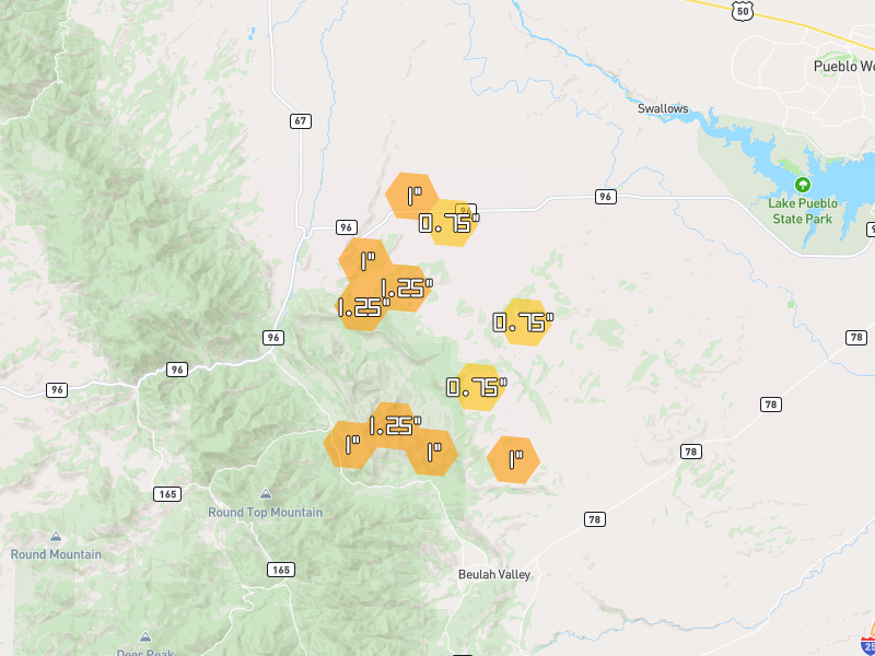 Hail map of Beulah, CO on Jul 28, 2026, hail up to 1.25"