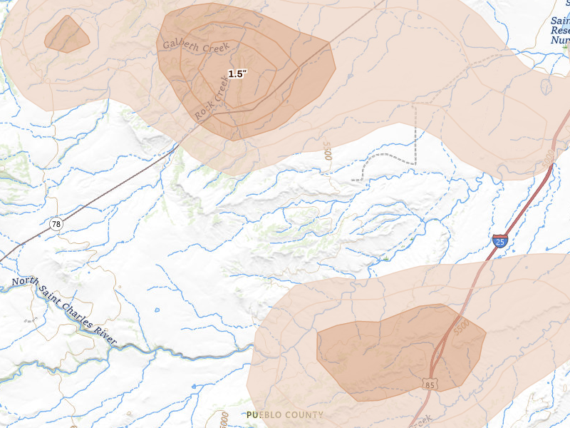 Radar-estimated hail-size map of the storm over Beulah, CO on Jul 29, 2026
