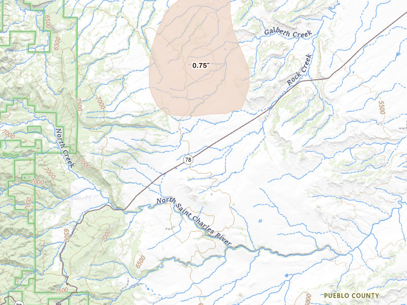 Radar-estimated hail-size map of the storm over Beulah, CO on Aug 15, 2026