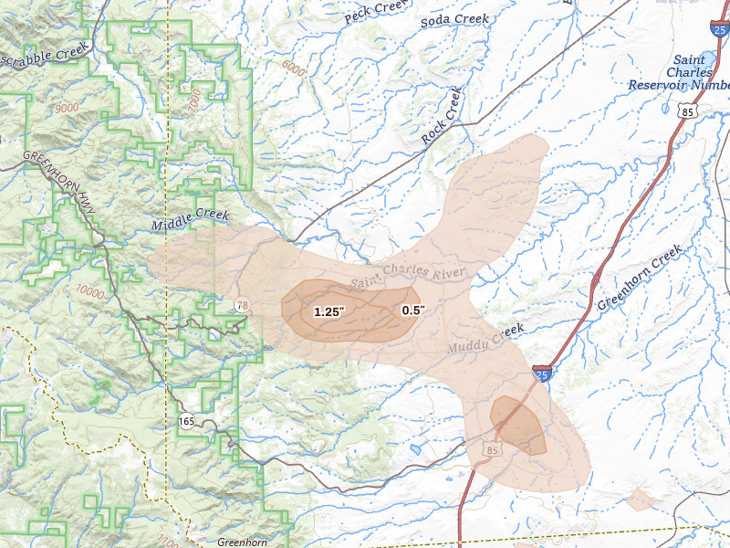 Radar-estimated hail-size map of the storm over Beulah, CO on Aug 16, 2026
