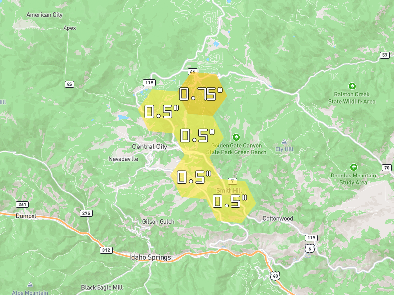 Hail map of Black Hawk, CO on Jun 6, 2026, hail up to 0.75"
