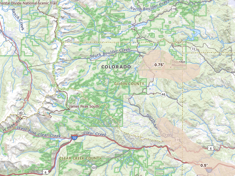 Radar-estimated hail-size map of the storm over Black Hawk, CO on Jun 25, 2026