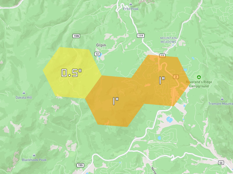 Hail map of Black Hawk, CO on Jun 26, 2026, hail up to 1"
