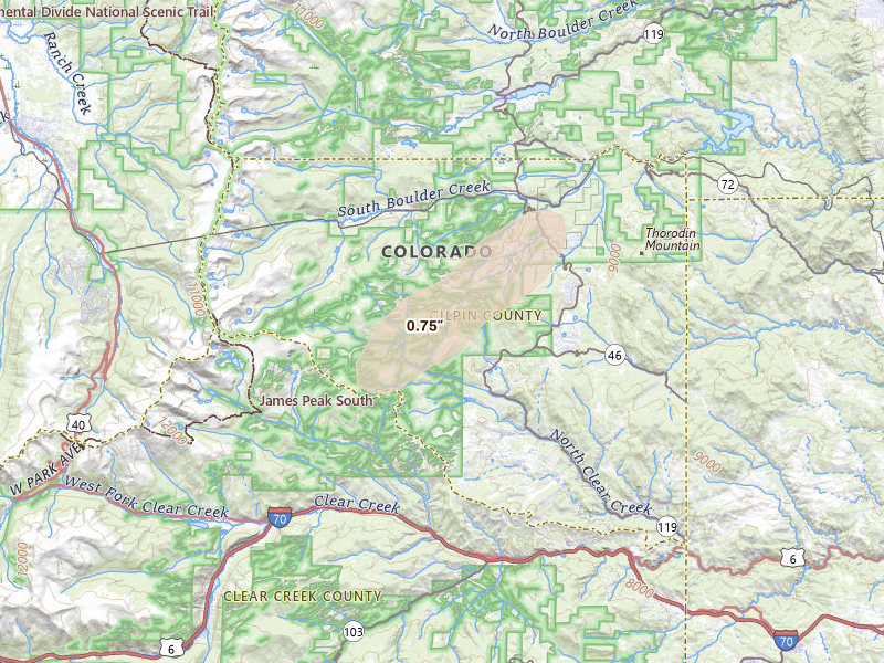 Radar-estimated hail-size map of the storm over Black Hawk, CO on Jul 28, 2026
