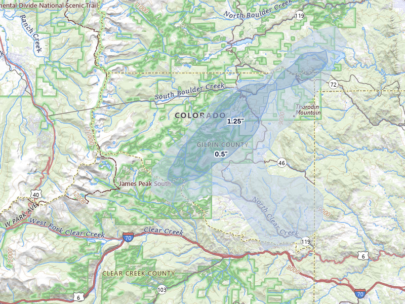 NEXRAD radar-signature map of the hail storm over Black Hawk, CO on Jul 28, 2026