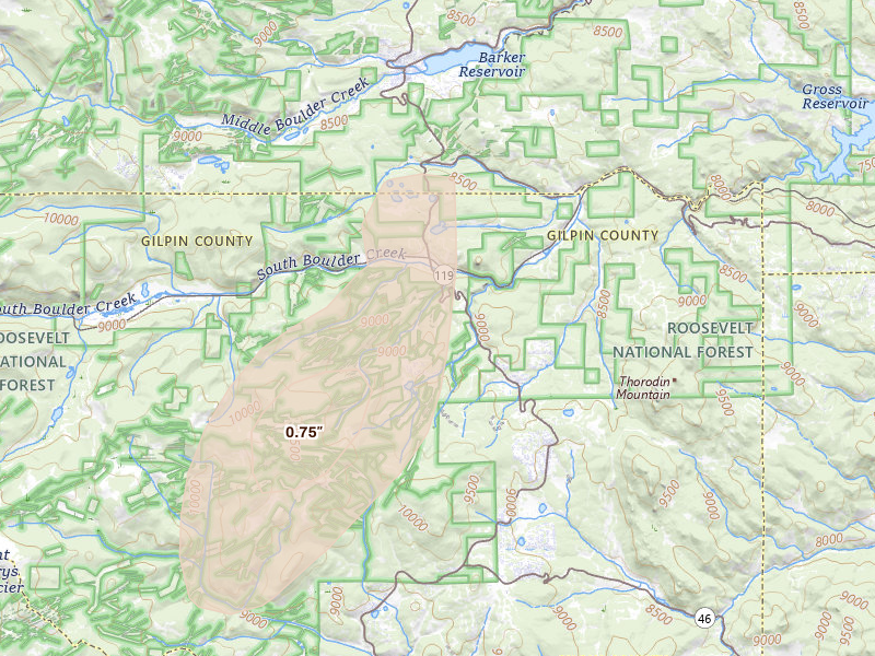 Radar-estimated hail-size map of the storm over Black Hawk, CO on Aug 15, 2026