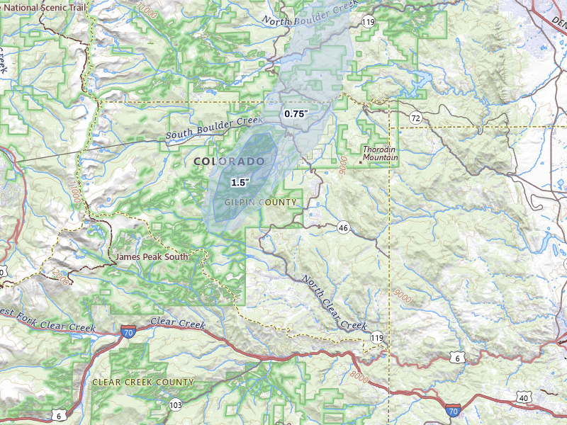 NEXRAD radar-signature map of the hail storm over Black Hawk, CO on Aug 15, 2026