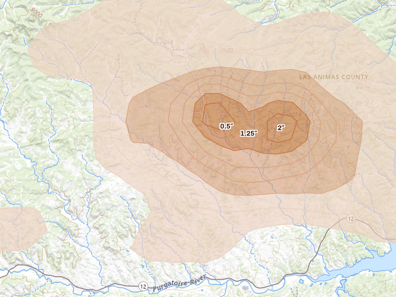 Radar-estimated hail-size map of the storm over Boncarbo, CO