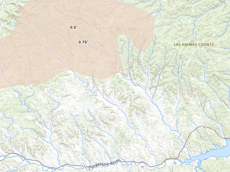 Radar-estimated hail-size map of the storm over Boncarbo, CO on Aug 4, 2026