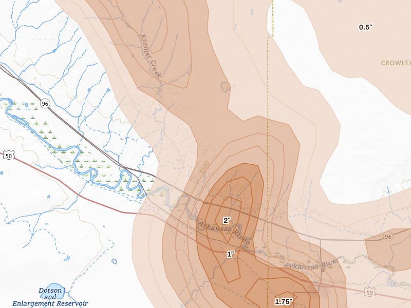 Radar-estimated hail-size map of the storm over Boone, CO on Jun 22, 2026