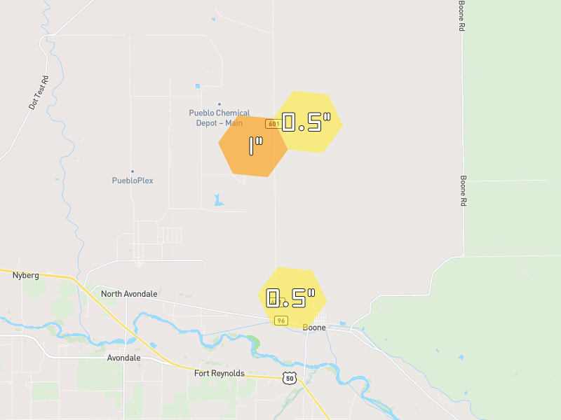 Hail map of Boone, CO on Jul 28, 2026, hail up to 1"