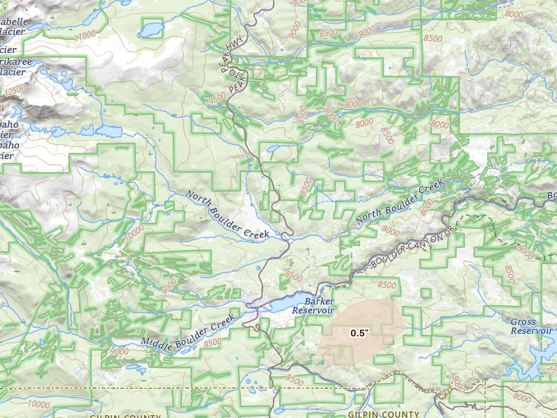 Radar-estimated hail-size map of the storm over Boulder, CO on Jun 8, 2026