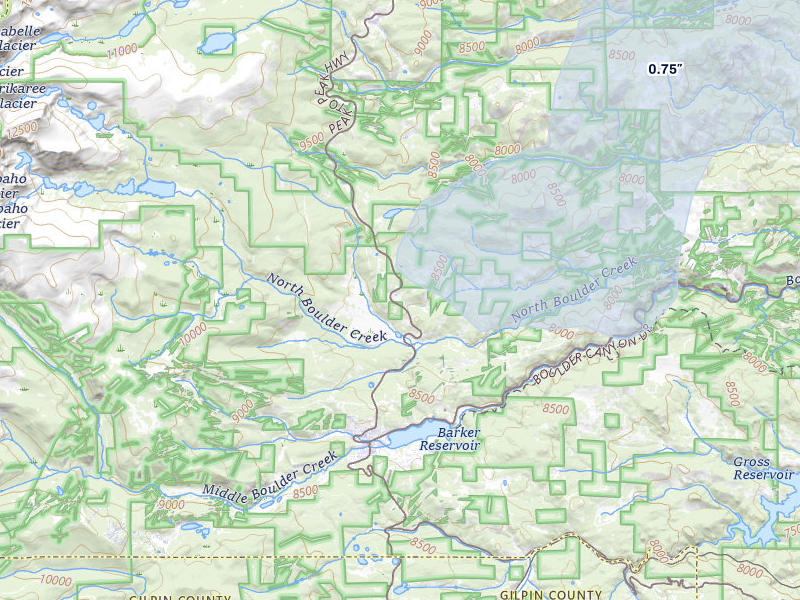 NEXRAD radar-signature map of the hail storm over Boulder, CO on Jul 9, 2026