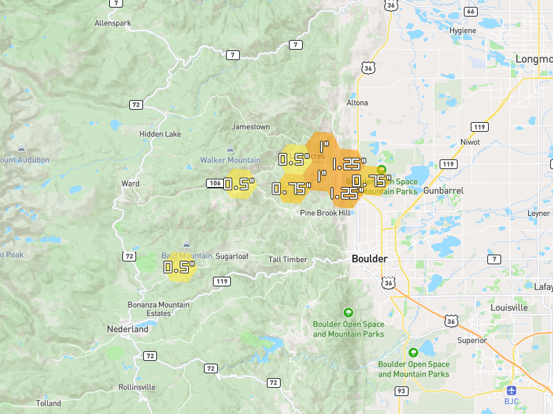 Hail map of Boulder, CO on Jul 9, 2026, hail up to 1.25"